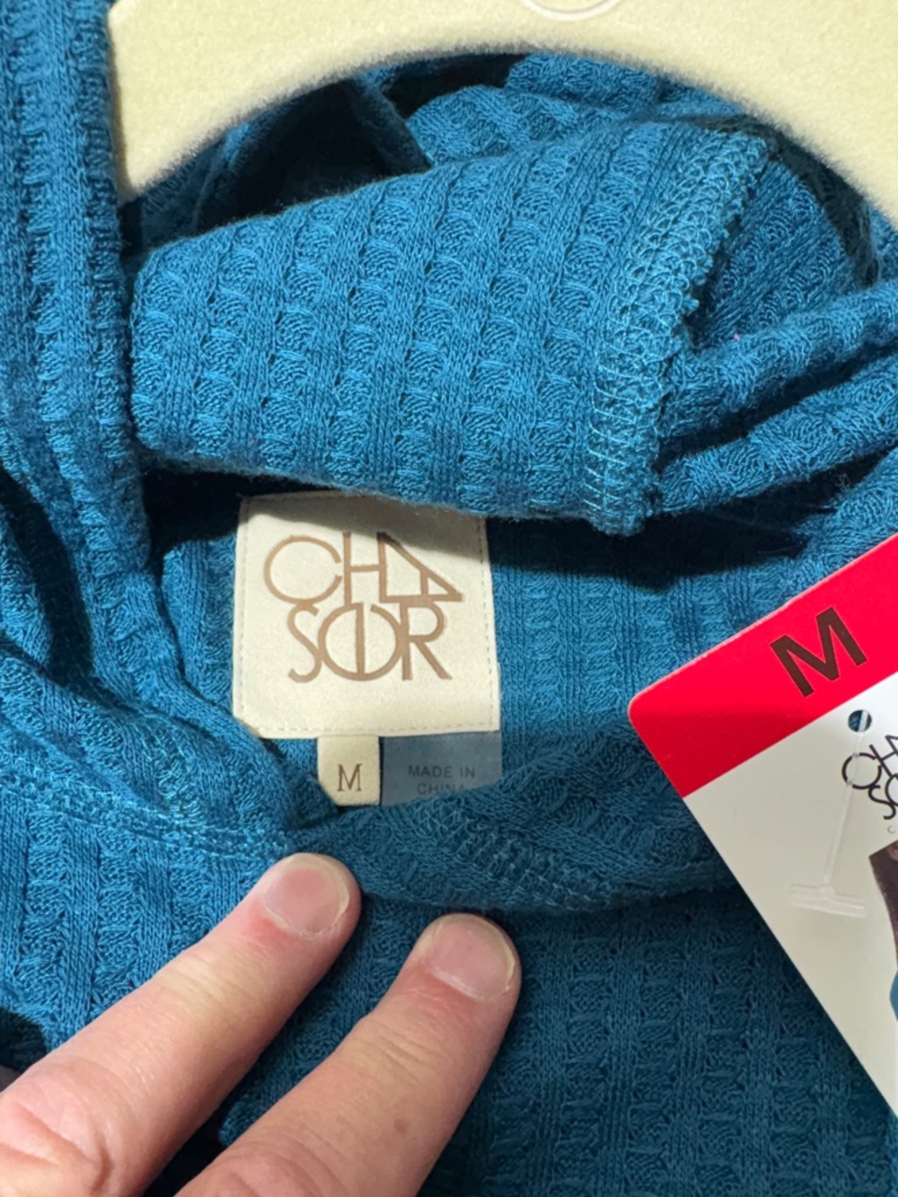 Women’s Teal Hooded Waffle-Knit Pullover Sweatshirt - Picture 2 of 3